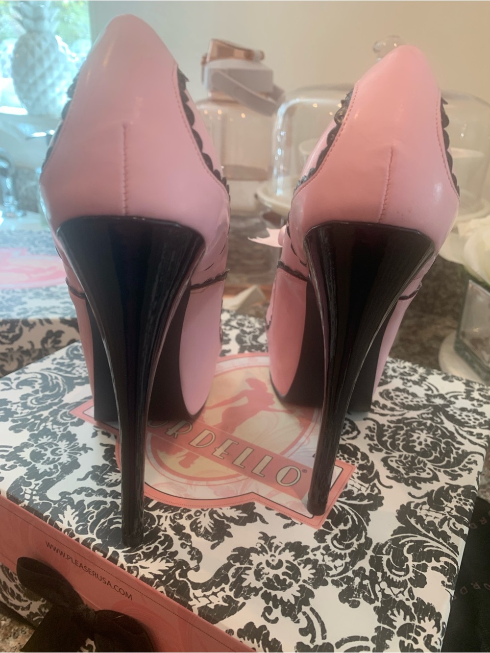 Bordello Pink Patent Platform Pumps with Black Trim and Ribbon - Picture 6 of 10
